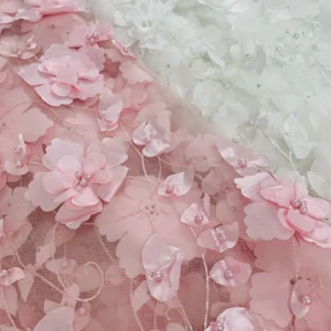 Luxury3D Satin Flower Pearl Beaded TulleLace Fabric Handmade Floral Embroidery Mesh Fabric for Wedding Bridal Dress Evening Gown