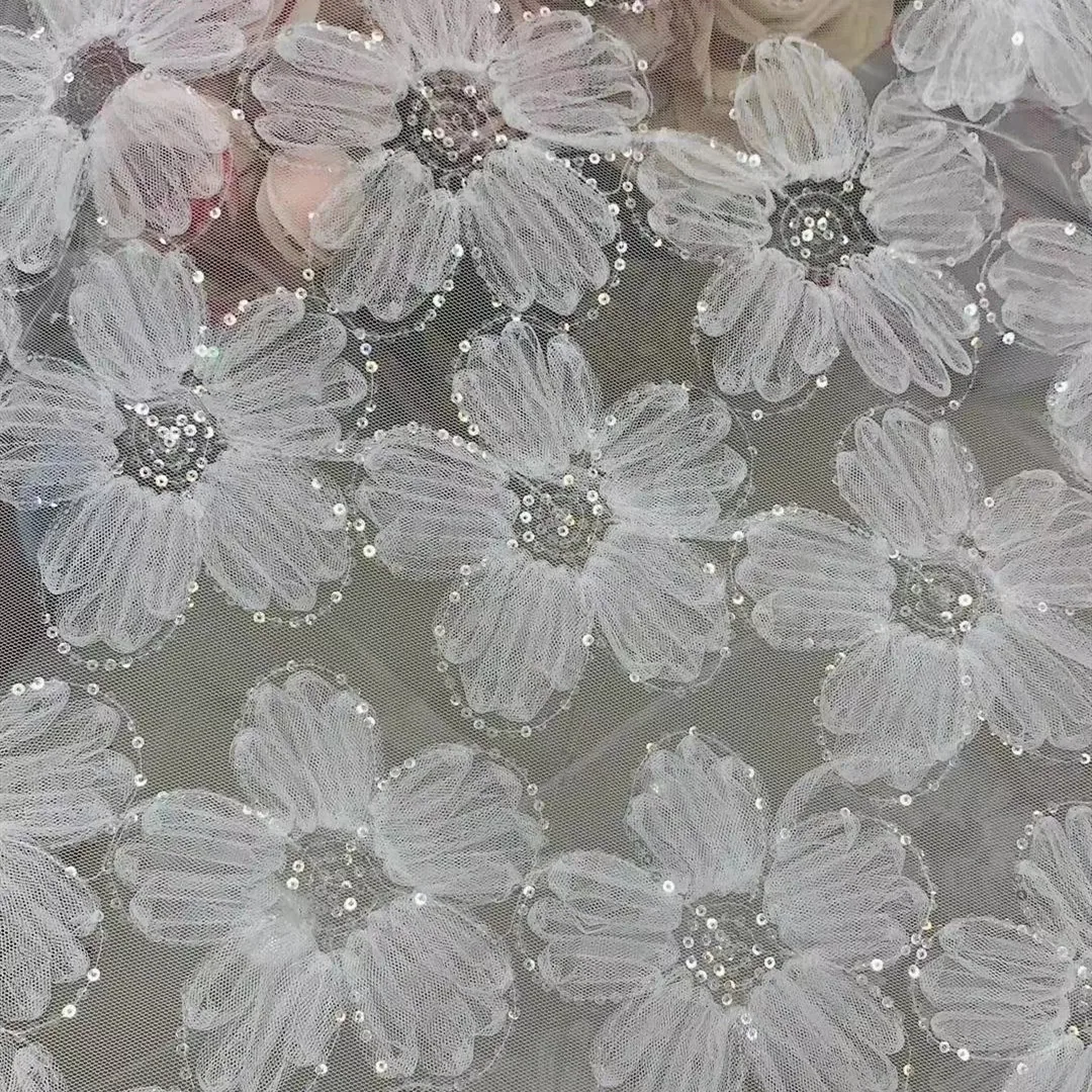 2026 Hot Bridal Wedding Custom White 3D Big Flower Embroidered Tulle Sequins Embroidery  Lace Fabric