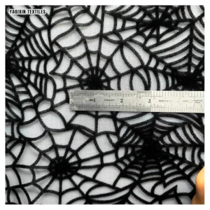 Wholesale 3D Velvet Spider Web Tulle Fabric - Black Embossed Flocked Halloween Costume Material (Custom Width)
