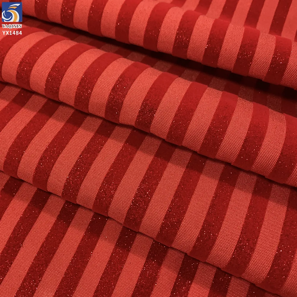 YX1484 160gsm Custom Polyester Glitter Stripe Flocked Canvas Fabric for Halloween Garments Party Decor