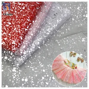 YX295 American New Arrivals 100% Polyester Film Printed Black Tulle Fabrics With Gold Iridescent Splatter