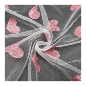 Sweet Pink Love Heart Pattern Glitter Print Tulle Fabric Lace Girl Casual Dress Fabric