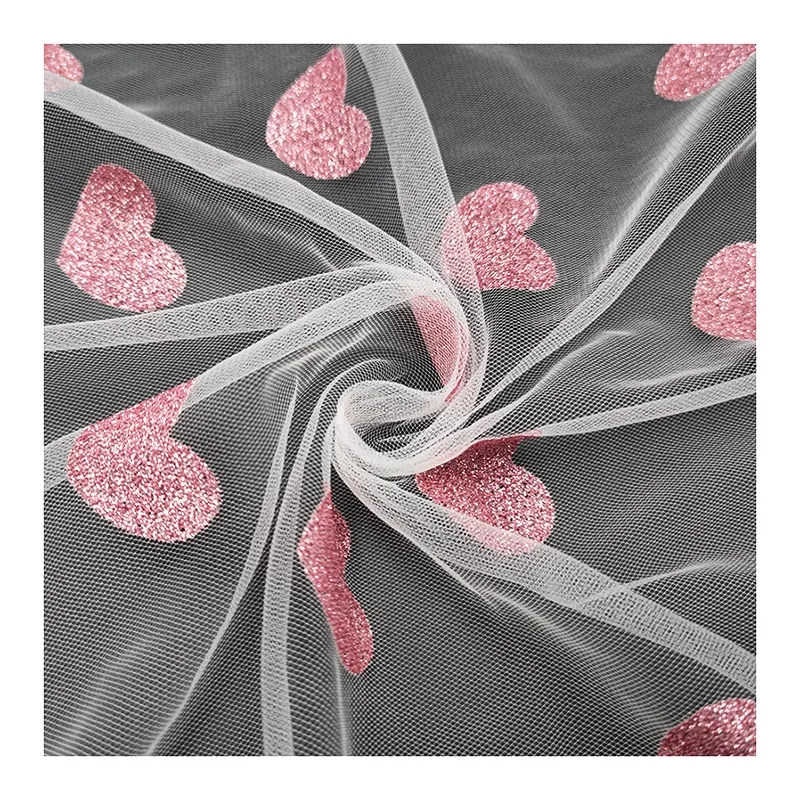 Sweet Pink Love Heart Pattern Glitter Print Tulle Fabric Lace Girl Casual Dress Fabric