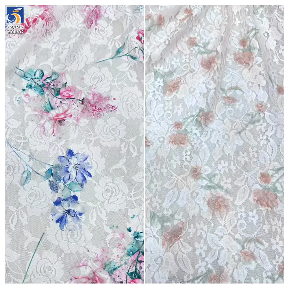 YX1232 2 Yards Color Digital Printing Large Rose Flowers Lace Fabrics Embroidered French Dress Chantilly Lace Fabric 202