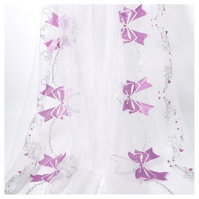 YX2010 Purple Printed Mesh Fabric With Bow Pattern, Colorful Print Material for Kids Snow Queen Princess Dance Dress