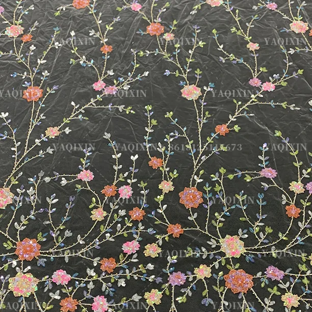 YX1222 Exquisite Colorful Sequins Embroidery Dresses Lace Mesh Flowers Fabric for Girls Skirts Shiny Flowers Dress Fabri