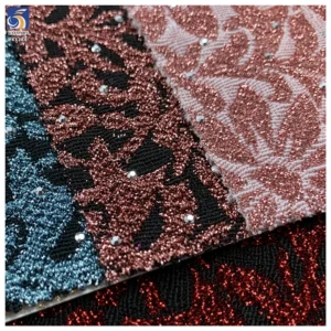 YX1284 160gsm 100% Polyester Wholesale Wine Red Shiny Lurex Jacquard Fabric With 3D Rhinestones Arabic Dress Jacquard Fabric