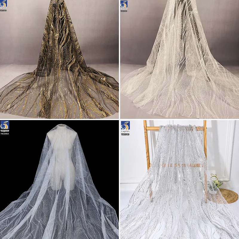 YX1583 Silver Wave Pattern 100% Polyester Glitter Tulle Fabric Shiny Mesh for Wedding Dress Couture and Party Gowns