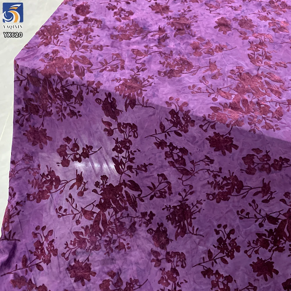 YX620 Factory Supports Custom Noble Purple Chinese Stretch Cheongsam Dress Fabric Elastic Floral Flocked Knitted Fabric