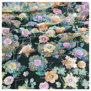 YX1308 3D Florals Colored Sequin Embroidered Mesh Fabric for Spring/Summer Dress Heavy Embroidery Pearls Glitter Sequin Fabric