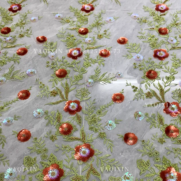 YX1305 Chinese Palace Luxury Style 3D Flower Sequin Colored Lace Mesh Fabric Textile Elegant Embroidered Tulle and Lace Fabric