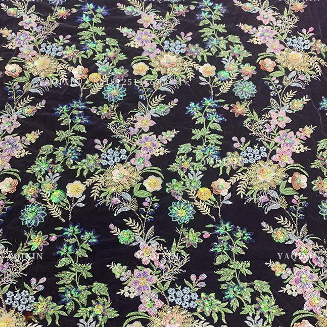 YX1309 Top Sales Forest Pattern 3D Floral Embroidered Mesh Fabric for Women's Skirts DIY Handmade Pearls Sequin Flowers Fabric