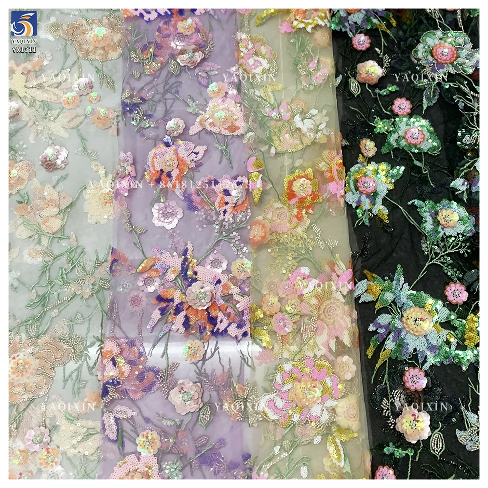 YX1311 Heavy Embroidery Pearls Sequins Lace Fabric Flowers Handmade Embroidered Lace Fabric Most Popular in Chinese 2026