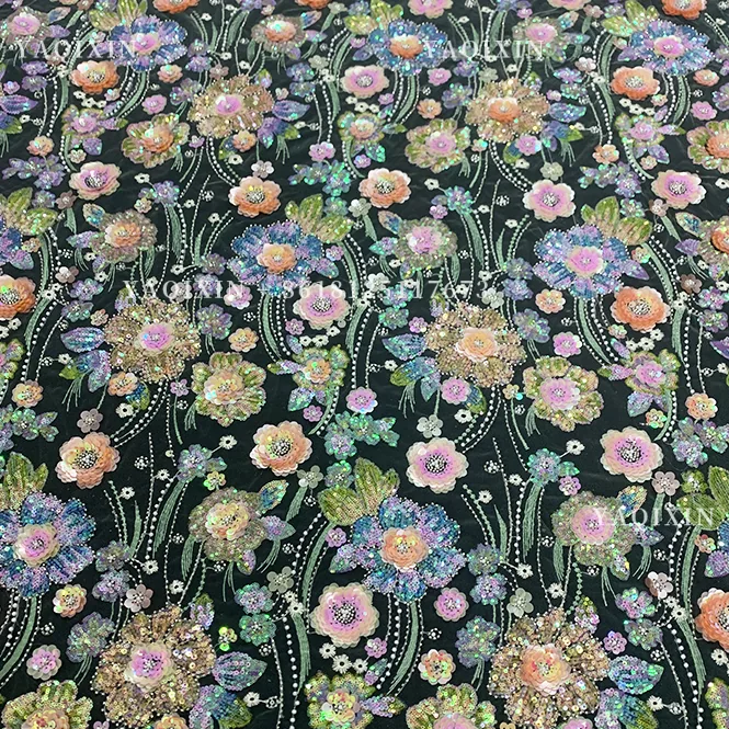 YX1310 Expensive High Quality Glitter 3D Flowers Sequin Embroidered Lace Fabric Custom Summer Costumes Sequin Lace Fabric