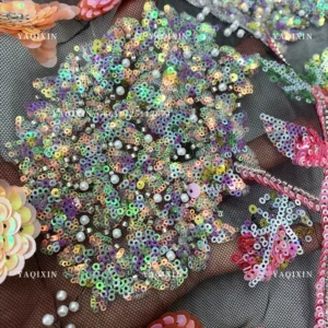 YX1316 Latest 3D Five-Pointed Star Flower Sequin Embroidery Mesh Tulle Fabric Florals Pattern Beaded Sequin Mesh Lace Fabric