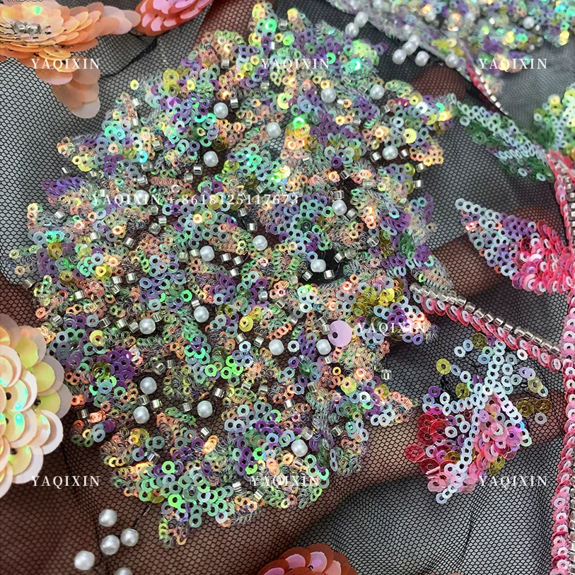 YX1316 Latest 3D Five-Pointed Star Flower Sequin Embroidery Mesh Tulle Fabric Florals Pattern Beaded Sequin Mesh Lace Fabric