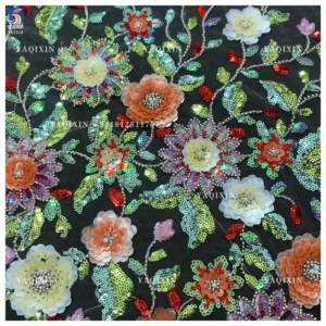 YX1318 Green Colorful Flowers Sequins Heavy Embroidery Mesh Lace Fabric Textiles Lace Fabric Hawaiian Summer Style Lace Dress