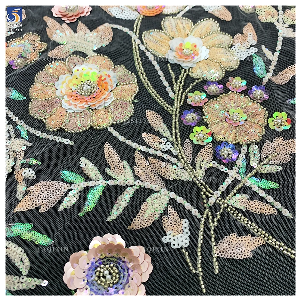 YX1319 New Life Fashion Spring 3D Sequin Embroidery Heavy Lace Mesh Tulle Fabric Noble and Luxurious French Style Lace Fabric