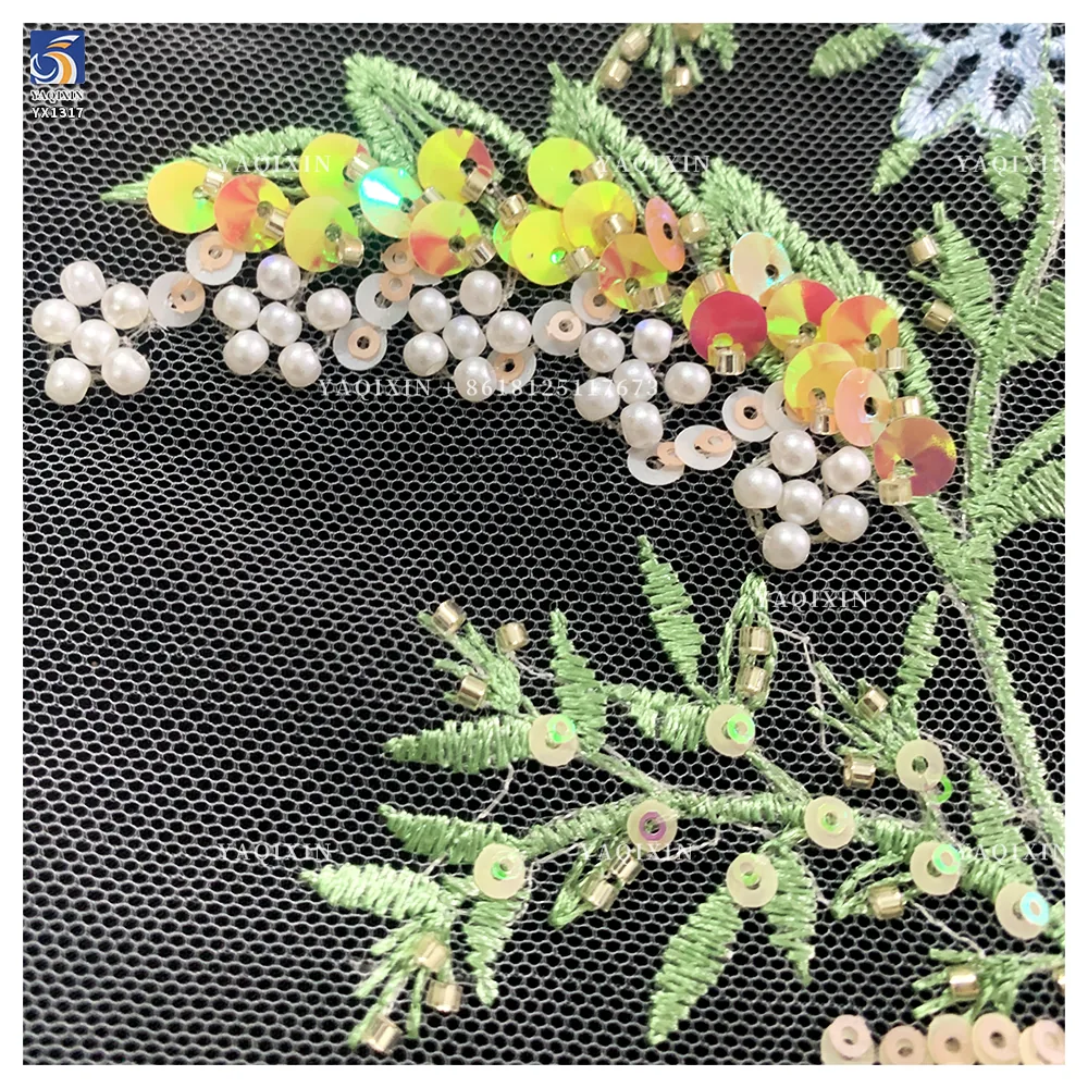 YX1317 Popular Trends and Styles in 2026 Green Sequins Embroidered Mesh Lace Fabrics for Traditional Chinese Women Lace Dress