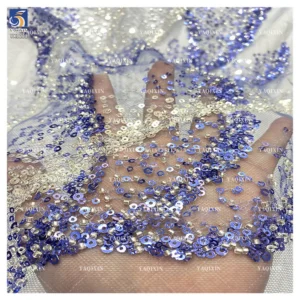 YX1221 New Arrival Flash Crystal Sequin Mesh Fabric Wavy Beaded Embroidery Lace Glitter Fabric for Mermaid Dress Gowns