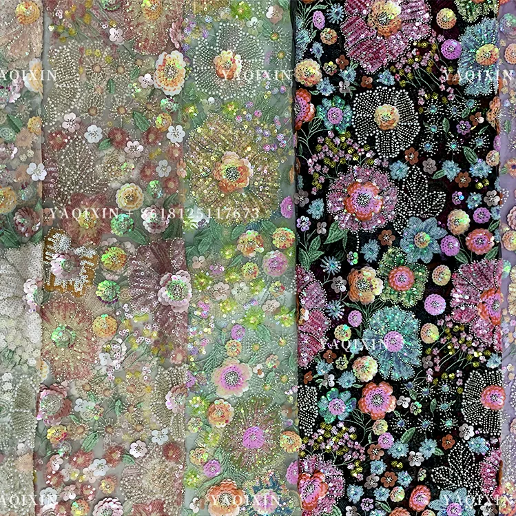 YX1322 High-Quality Custom Sequin Glitter Lace Fabric With Pearls Parisian French Fashion Clothing Lace Fabric