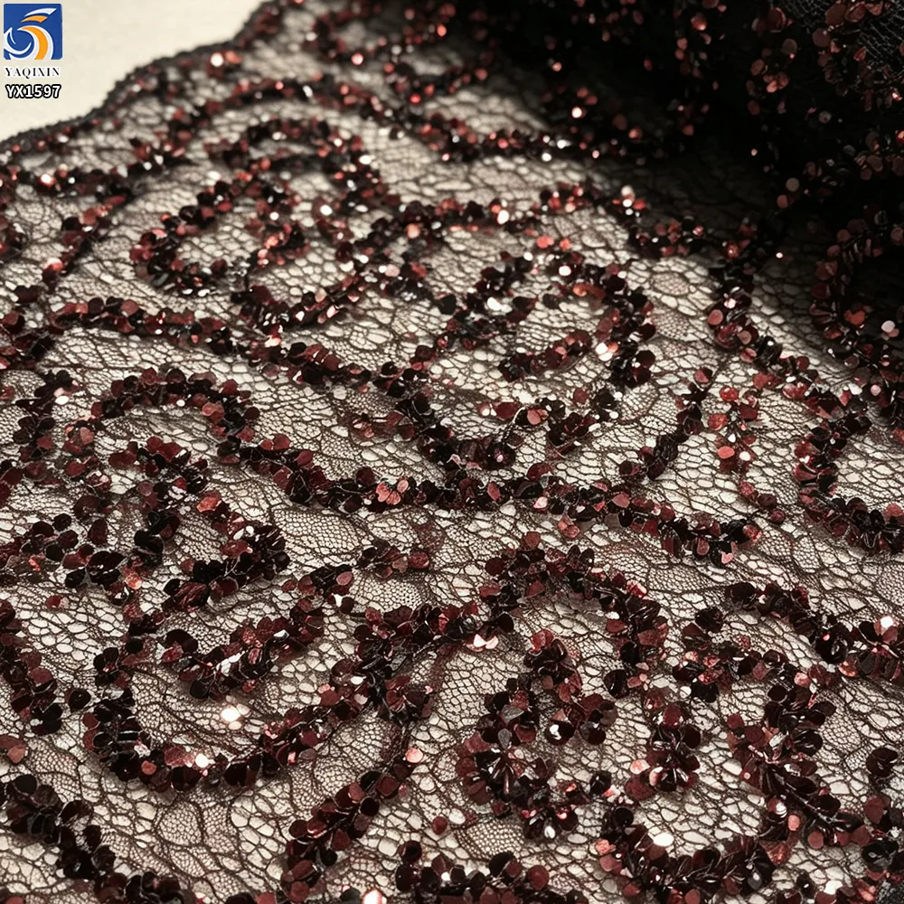 YX1597 Floral Sequin Lace Fabric Decorative Embroidered Mesh for Wedding Evening Dress