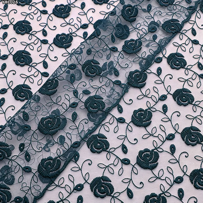 YX1026 Romantic Embroidered Rose Floral Mesh Fabric for Chinese Valentine's Day Beauty Dresses Embroidered Tulle Fabrics