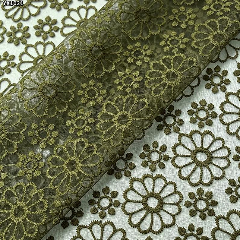 YX1021 New Technology Chrysanthemum Embroidery Tulle Fabric Knitted Poly Mesh Embroidered Fabric Textiles for Apparel
