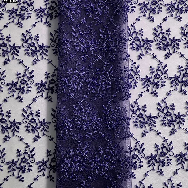 YX1012 Customized Embroidered Tulle Fabrics With Customer-Provided Samples Azure Polyester Tulle Embroidered Fabrics