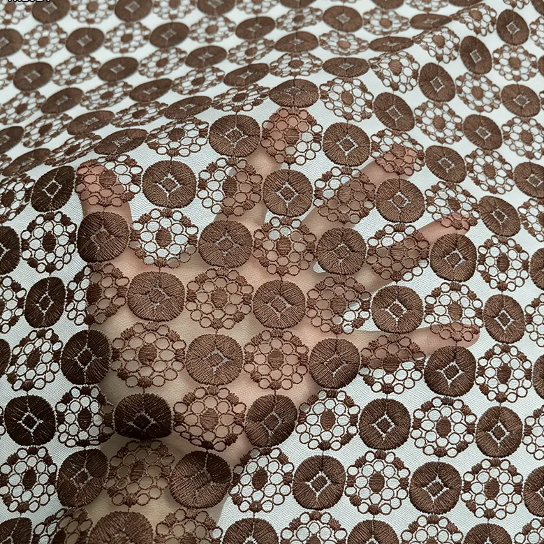 YX1024 Customer's Luxury Brand Logo Embroidered Tulle Fabrics 300 Yards of 3-Day Pattern Custom Embroidered Mesh Fabric