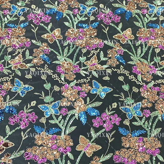 YX1224 African Colorful Sequins Embroidered Lace Fabric Hot Sales Popular Chinese Designer Floral Lace Sequin Fabric Textiles