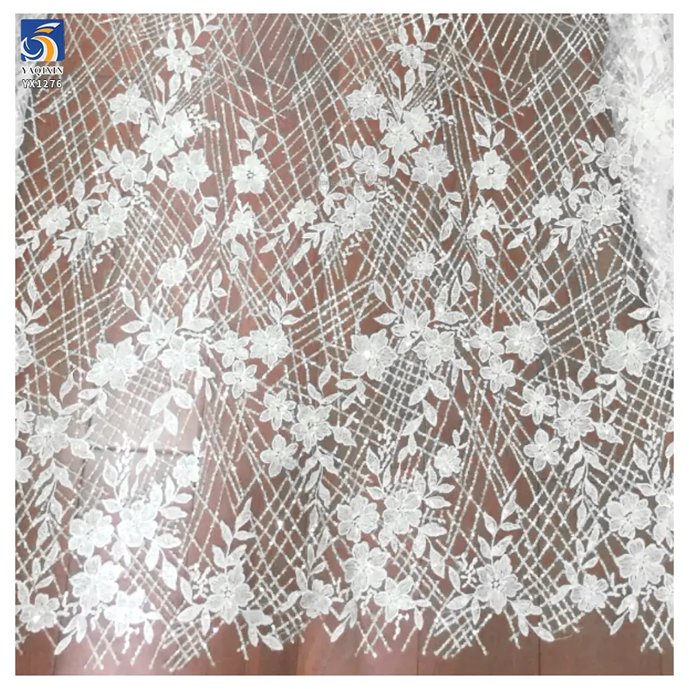 YX1276 5 Yards DE LACE Striped Cross Embroidered Sequin Lace Fabric Floral Embroidery White Bridal Lace Fabric