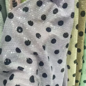 YX1429 250gsm Hot Sale 5mm Transparent Sequin Polka Dot Print Stretch Dress Fabric 140cm Sparkle for Womens Party Dress