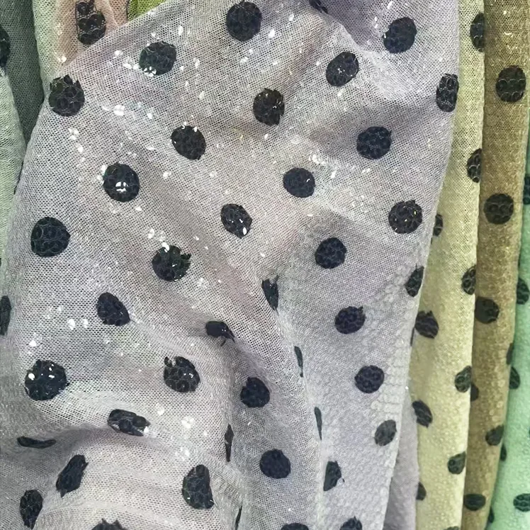 YX1429 250gsm Hot Sale 5mm Transparent Sequin Polka Dot Print Stretch Dress Fabric 140cm Sparkle for Womens Party Dress