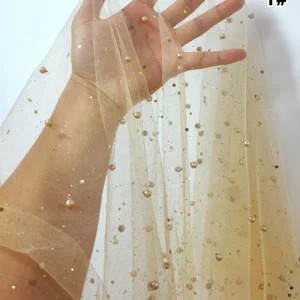 YX445 American Custom Polyester Mesh Fabric Hard Tulle With 3D Pearls and Sequins for Headdress Dress Fabric