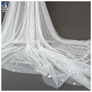 High Quality Handmade Pearl Beaded Lace Mesh Fabric White Polyester 3D Pearls Mesh Tulle Fabric With Beads