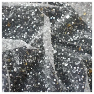 YX8866 DELACE Golden Glitter Bridal Lace Fabric With Pearl 3D Beads Embroidery Sequins Lace Fabric for Dress