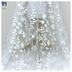 YX1275 130gsm Luxury Florals Embroidered White Wedding Tulle Lace Fabric Water-Soluble Embroidery French Dress Fabric