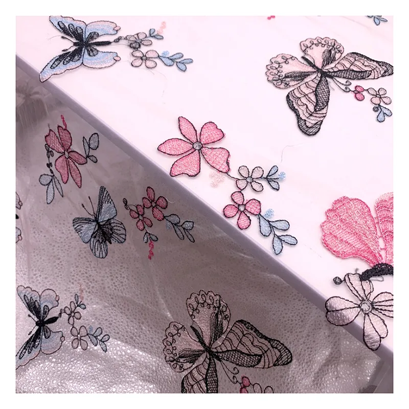 CXT20 Romantic French Woman Dress Mesh Tulle Fabric Embroidery Colorful Butterfly Fabric