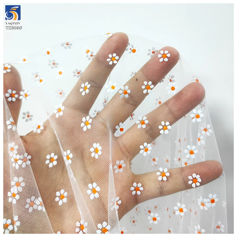 YX689 New Arrival Nylon Printed Tulle Fabric 100% Nylon Soft Daisy Pattern Design Floral Print Mesh Tulle Fabric