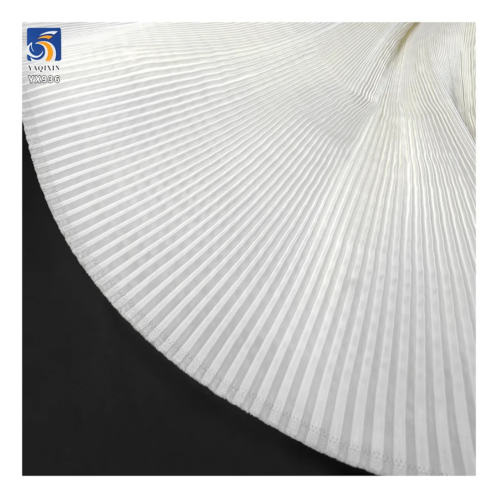 YX936-1 Customized White Polyester 1cm Pleated Accordion Satin Fabric for High-End Party Dresses Liquid Satin Pleated Fabric
