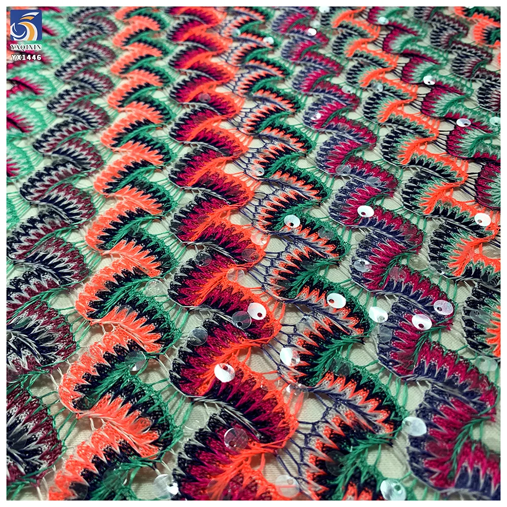 YX1446 Wholesale 300gsm Polyester Sequin Knit Jacquard Fabric Colorful Ethnic Geometric Pattern for Kaftan Dress
