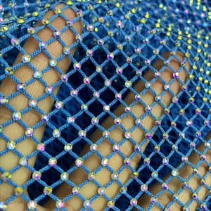 Reasonable Price 130gsm 100%Polyester Black Net Mesh Lace Fabric With Shiny Rhinestones