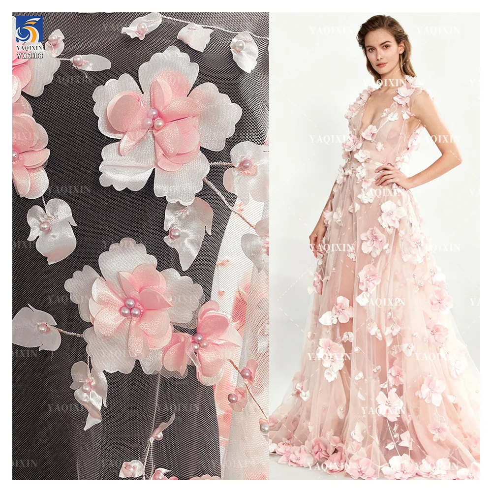 Luxury3D Satin Flower Pearl Beaded TulleLace Fabric Handmade Floral Embroidery Mesh Fabric for Wedding Bridal Dress Evening Gown
