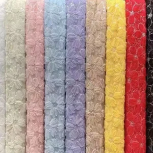 2026 Hot Bridal Wedding Custom White 3D Big Flower Embroidered Tulle Sequins Embroidery  Lace Fabric