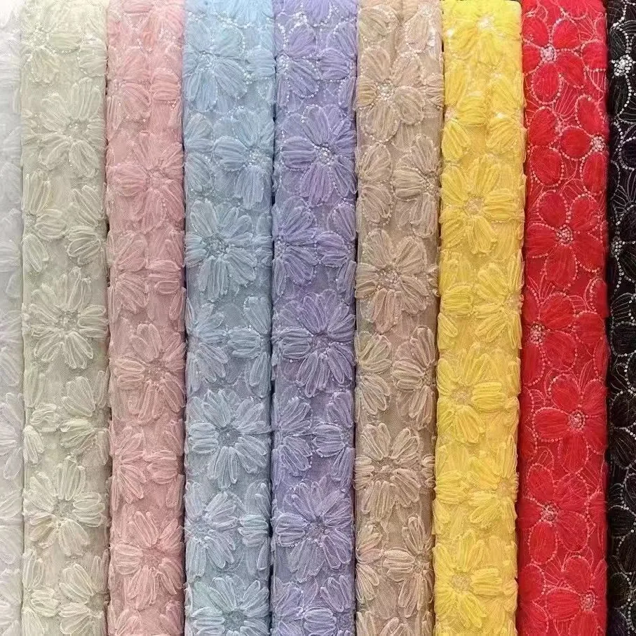 2026 Hot Bridal Wedding Custom White 3D Big Flower Embroidered Tulle Sequins Embroidery  Lace Fabric