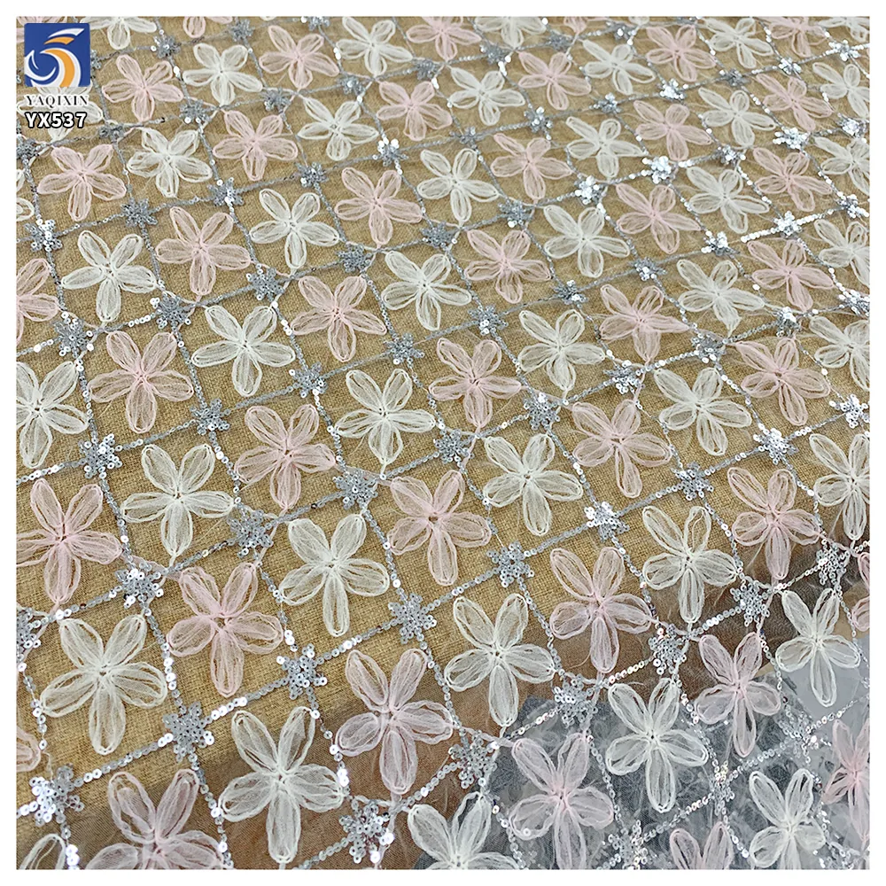 YX537 2025 Most Popular Overseas Embroidered Tulle Fabric Five-Petal Flower 3D Embroidery Tulle Fabric With Sequins