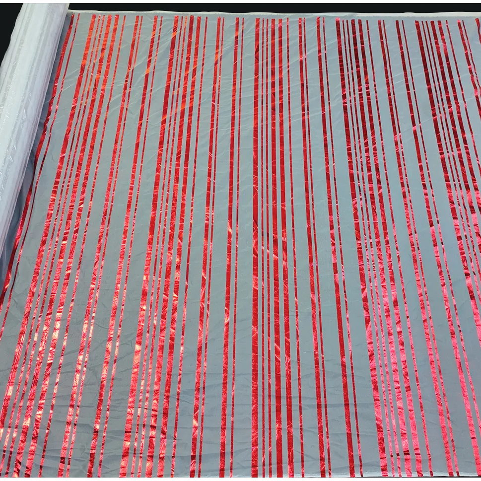 YX458 New Stripes Tulle Hot Foil Stamping Print Polyester Mesh Christmas Striped Fabric Candy Cane Stripes Tulle Fabric