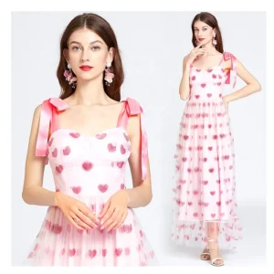 Sweet Pink Love Heart Pattern Glitter Print Tulle Fabric Lace Girl Casual Dress Fabric