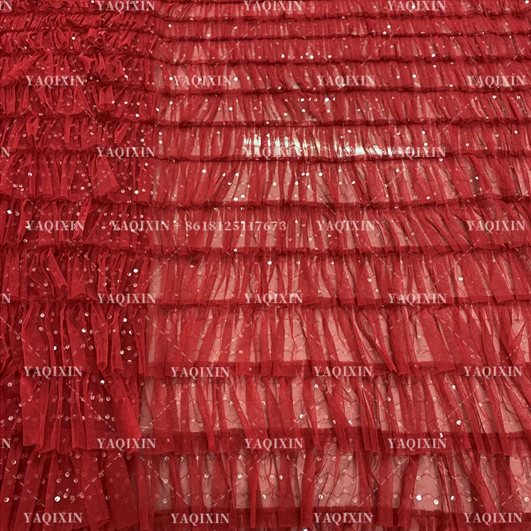 YX1151 High-Quality 200gsm Knitting 3D Red Tulle Puffy Skirt Fabric With Sequins Tulle for Girls' Princess Dress 5 Yards